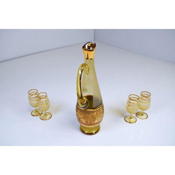 Bohemian Glass Czechoslovakia Gold Boho MCM Decanter/Pitcher + Glasses w/Labels - Picture 8 of 12